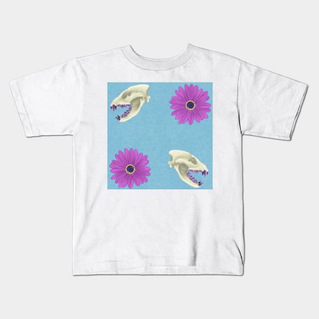 Hyena Skull Floral Blue Kids T-Shirt by TrapperWeasel